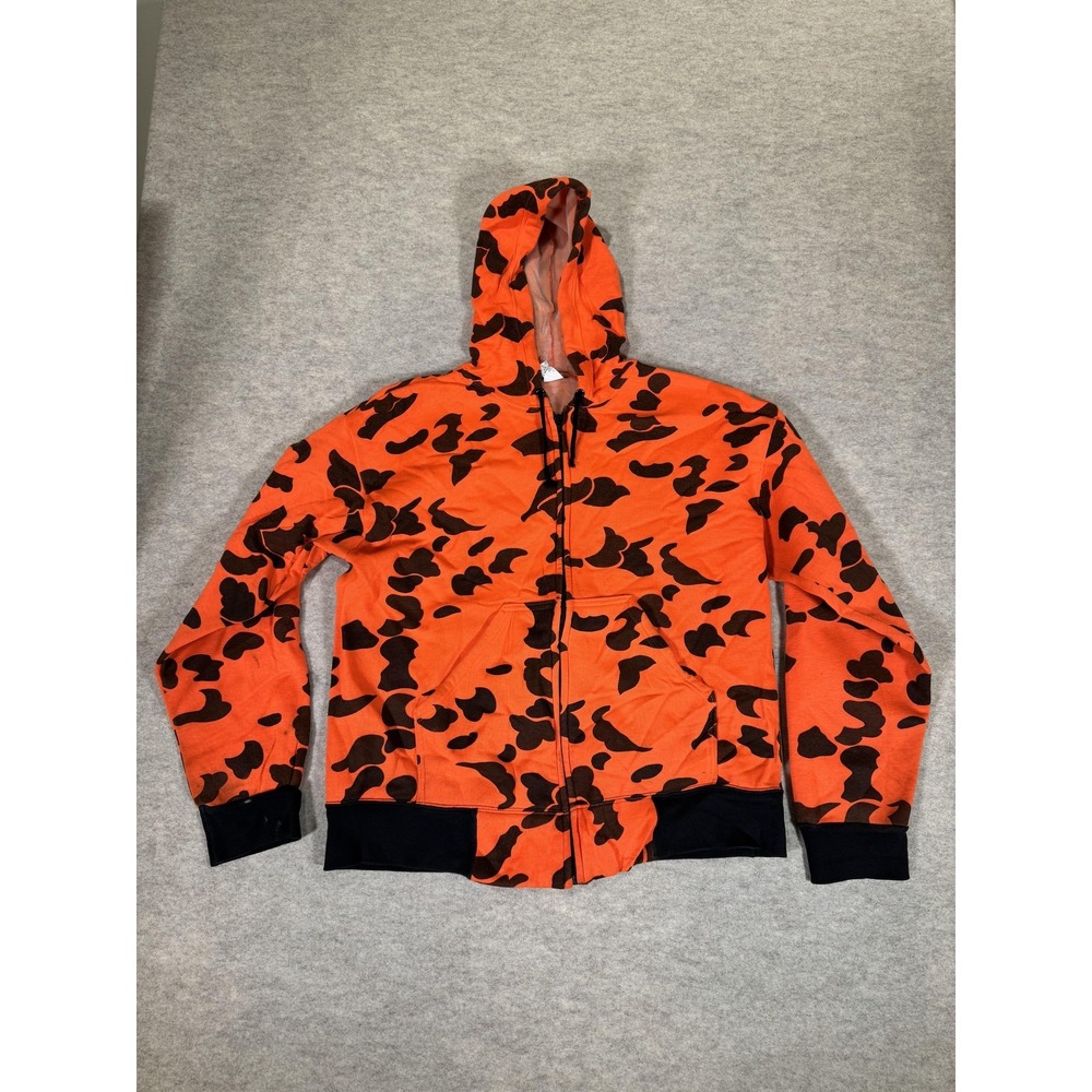 Vintage Hoodie Mens L Orange Camo Full Zip Fleece Hunting Outdoor Sweatshirt USA